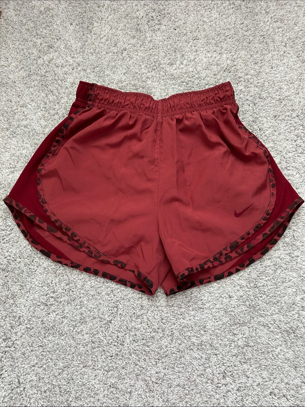 Nike Women’s Dark Red Athletic Running Shorts with Leopard Trim